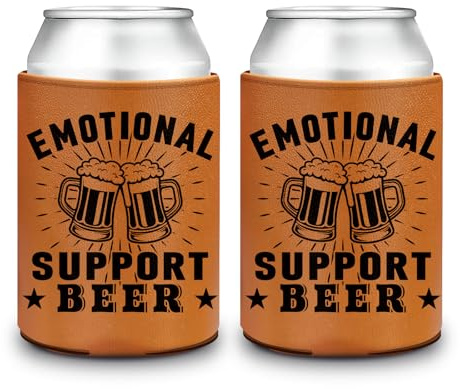CUTHOLLOW Emotional Support Beer Cooler Sleeve, 2PCS Thicken Leather Universal Can Cooler Insulated 16 OZ, Summer Beer Gifts for Men, Dad Birthday Gifts, Christmas Presents