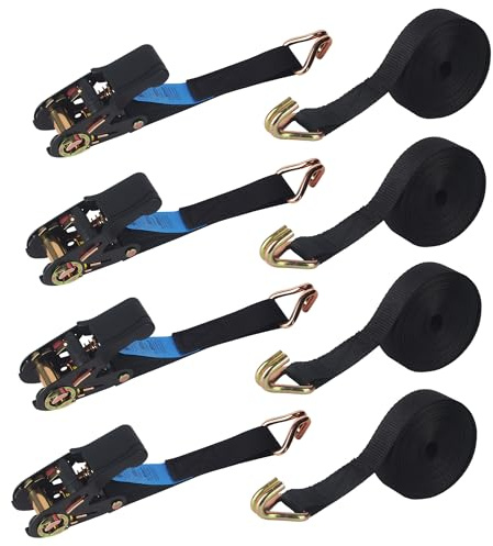 4 Pezzi Cinghia Cricchetto, Cinghie di Fissaggio a Cricchetto, Cinghia di Tensionamento a Cricchetto con Gancio, per Traslochi, Carrelli, Bagagli, Campeggio, Fissaggio di Carichi, 6m x 25mm, Nero