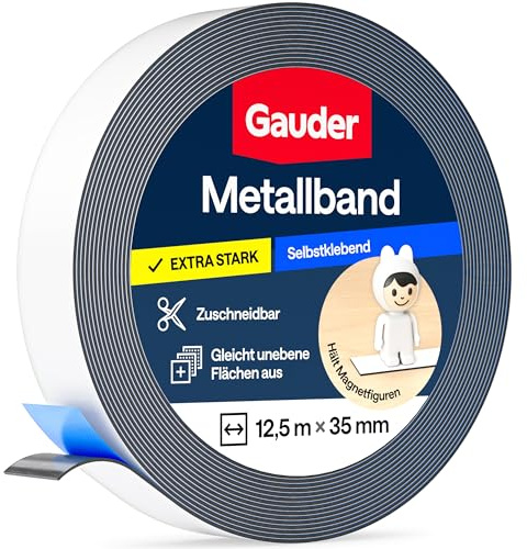 GAUDER Självhäftande metallband - Magnetisk hållarband för Tonie®-figurer & hyllor - Järnband & ferromagnetiskt band för pyssel och organisering (12.5 m x 35 mm - vit)