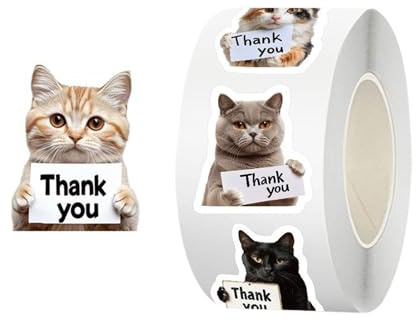 Cat Stickers Roll | Adhesive Thank You Waterproof Decoration - Luggage Decal | for Teens Adults Laptop Water Bottle Phone Envelope Classroom Party Favors Small Business Packaging