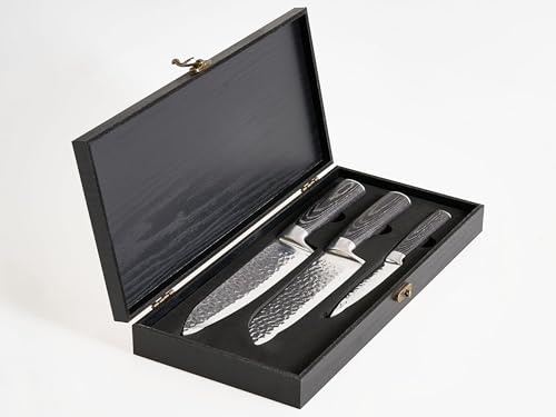 Beliani Lot de 3 Couteaux de Cuisine Moderne en Acier Damas Inoxydable Affûtés à la Main Dureté 62 HRC Noir Kashiwa
