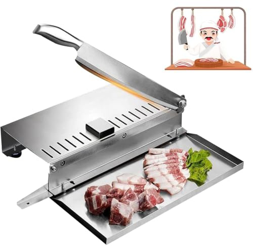 Manual Bone Meat Cutter, Stainless Steel Ribs Chicken Slicer Heavy Duty Cutting Machine, Bone Chopper with Meat Tray for Lamb Chops Pork Beef Fish Vegetable BBQ (Small)