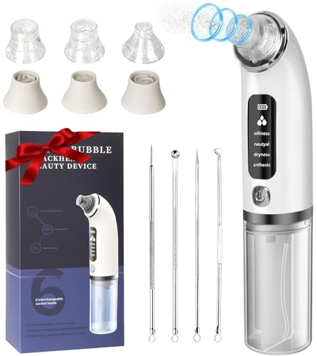 Monemey Aspiratore Punti Neri Rimozione, Elettrico Comedone Pulitore dei Pori, Aspira Brufoli e Impurità con 6 Testine e 4 Modalità di Aspirazione, Blackhead Remover Vacuum