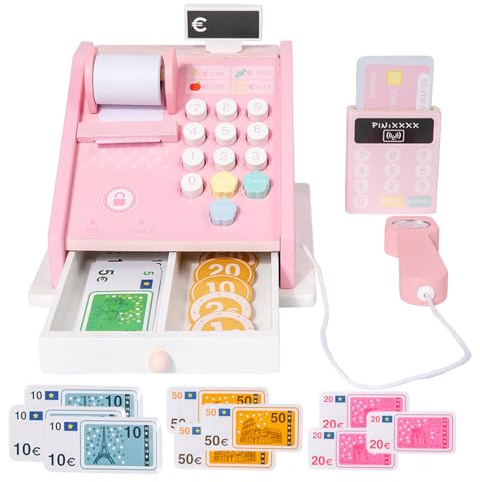 Registratore Di Cassa In Legno - Supermercato Di Simulazione, Fai Finta Di Contare I Soldi | Giocattolo Colorato Per Cassiere Con Carta Di Credito Scanner, Cassa Educativa Per L'apprendimento Diverten