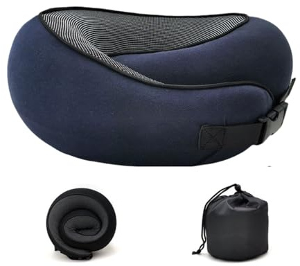 ZWOIVHE Nomadike NOMAREST | Coussin de Voyage Ergonomique en Mousse à mémoire de Forme – Confort Cervical pour Avion, Train, Bureau et Sieste (Bleu Marine - Boucle)