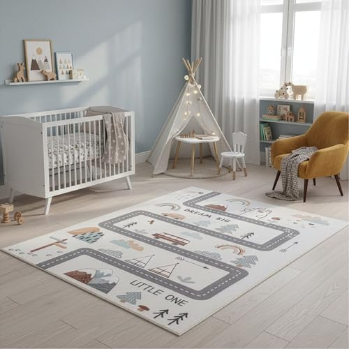 SIMPEX Kinderteppich Straße Spielteppich für Kinderzimmer in Creme mit Fahrzeug und Natur Motiv Größe 140x200 cm für großzügige Spielflächen