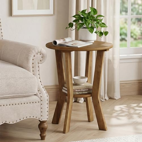 Tribesigns Mesa auxiliar redonda con estante, mesa de sofá de madera de 48 cm, mesita de noche de 2 niveles, estilo rústico, mesa auxiliar pequeña para sala de estar, dormitorio, sofá, color nogal (1)