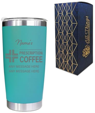 Engraved Travel Cup, Personalised Prescription for Coffee Design, 500ml or 17.5oz Capacity, Gift Boxed, Funny Gift, Turquoise Insulated Coffee Cup