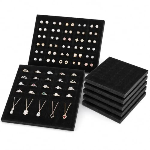 6 Tapetes de Espuma para Anillos y Pendientes, Insertos Negros para Joyero | Ranuras Ordenadas, Espuma Flexible, Superficie Recortable, para Exposición y Organización