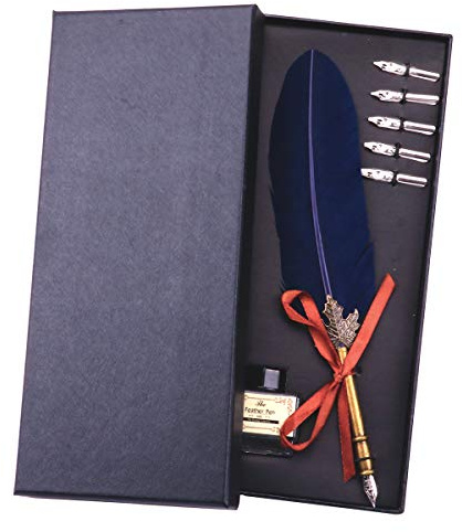 HSTYAIG Retro Gans Federkiel, Kalligraphie Feder Pen Geschenkset mit Feder Quill Tinte Flasche 5 Stück Metall Schreibfeder, Ideal für Geschenke oder Eigennutzung(Marine)