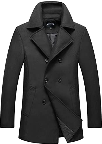 chouyatou Men's Classic Notched Collar Double Breasted Wool Blend Pea Coat (Large, Black)