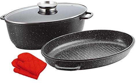 Générique 38CM/15INCH+37CM/14.5/inch with Glass Cover,8.4QUART+3.5QUART Marble Non-Stick 3PCS Ovel Roaster with One Pair Red Cotton Glove/Dutch OVENS …
