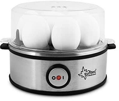 SUNTEC Eierkocher EGG-8564 design aus Edelstahl – Für 7 Eier – Härtegradeinstellung und Timer – Automatische Abschaltung – Klein und elektrisch – Set mit Messbecher & Schale für Rührei – 360 Watt