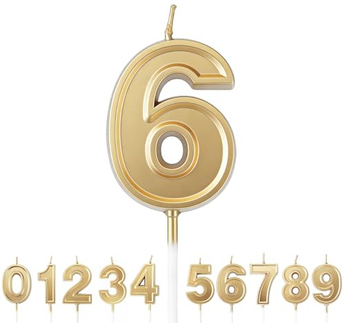 URAQT Geburtstagskerzen Zahlen 6, 3D Gold Geburtstag Kerzen für Kuchen