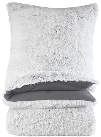 BaSaTex Flokati Polar Fleece Bettwäsche 155x220 cm 80x80 cm 2-teilig Fellimitat Bett Garnitur Anthrazit Weiss