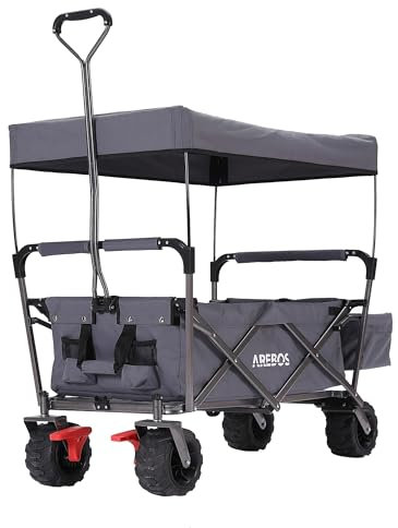 Arebos Bollerwagen faltbar mit Dach | Handwagen | Transportkarre Gerätewagen inkl. 2 Netztaschen und Einer Außentasche | Vorderrad-Bremse | klappbar | Vollgummi-Reifen | bis 100 kg Tragkraft | Grau