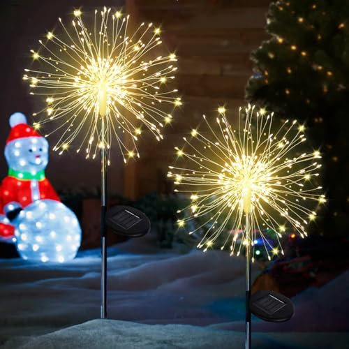 yowin Gartendeko Solarleuchten 2 Stück 120 LED Weihnachtsbeleuchtung Solar, 8 Modi Feuerwerk Gartenleuchten, IP65 Wasserdicht Pusteblume Gartenstecker Solarlampen für Außen Balkon Weihnachten Deko