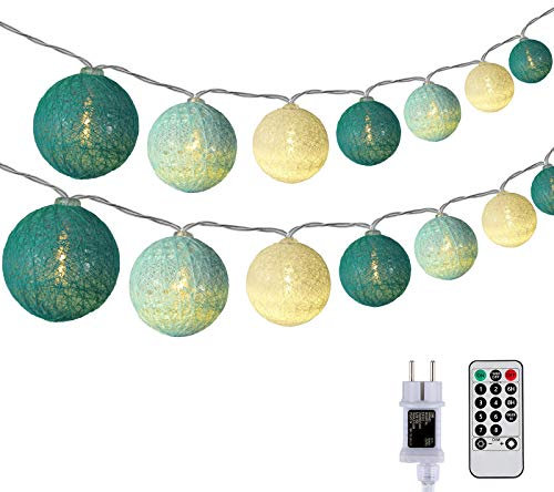 DeepDream Baumwollkugeln Lichterkette, 5M 20 LED Dimmbar Cotton Ball Lichterkette, LED Kugeln Lichterkette Innen mit Fernbedienung und Timer für Kinderzimmer Weihnachten Hochzeit Party (Türkis)