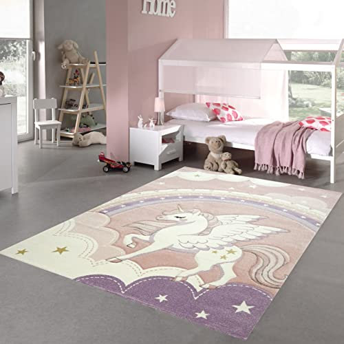 Teppich-Traum Kinderzimmer Spielteppich • allergikerfreundlich • Einhorn Regenbogen Wolken Creme rosa, Größe 140x200 cm