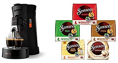 Philips Senseo Select Kaffeepadmaschine Bundle mit 66 Kaffeepads,3 Kaffeespezialitäten, Memo-Funktion, Crema Plus, Intensität Plus, aus recyceltem Plastik, 0,9L, Schwarz (CSA240/60)