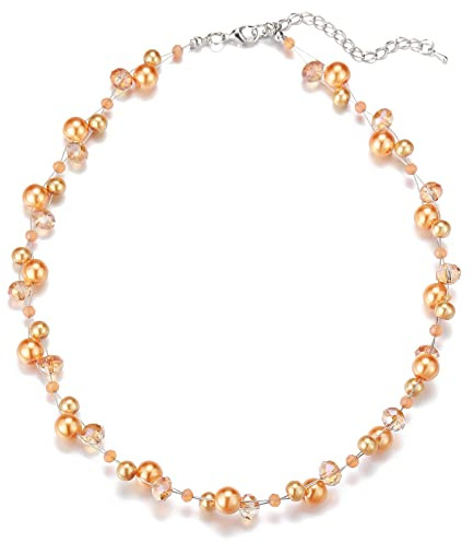 Bulinlin Damen Kristall Perlenkette Silber Boho Statement Choker Halskette für Frauen Modeschmuck Geburtstagsgeschenke（Orange）