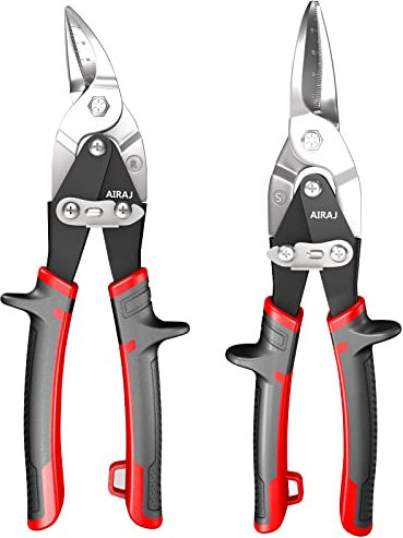 AIRAJ Blechscheren im Zweier-Set - Handwerker-Scheren - Gerade und rechts schneidend - Schneidwerkzeug für Metall - Blechscheren mit Hebelantrieb - Ergonomischer Griff