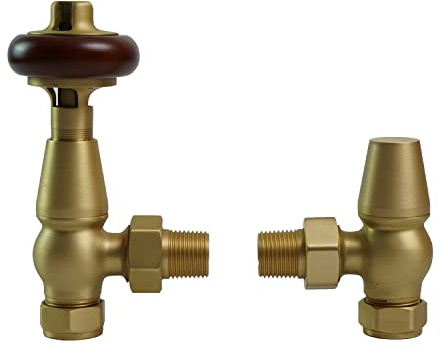 NRG Angled TRV and Lockshield Set, 15mm, Red Wheel, Brushed Brass | Red Hand Wheel, 15mm Connection, 1/2in Radiator Fit, Brass Body, Angled TRV, Lockshield Included, 10 Bar