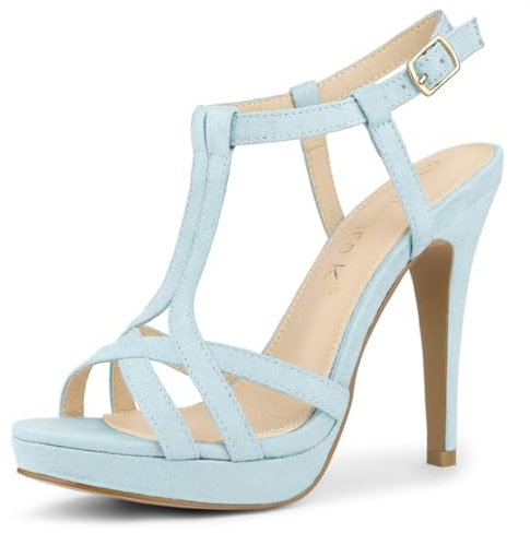 Allegra K Women's T Strap Slingback Platform Stiletto Sky Blue Heels Sandals 7 M US