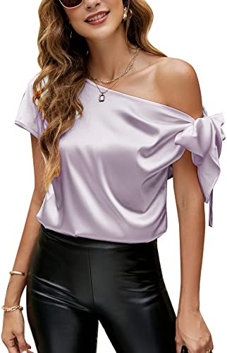 VIDUSSA Blusa de seda con hombros descubiertos para mujer, informal, manga corta, cuello asimétrico, blusa de satén