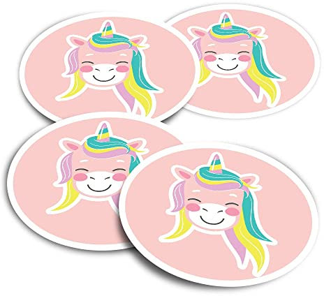 Vinyl Round Stickers (Set of 4) 10cm - Unicorn Rainbow Hair Pink for Laptops, Tablets, Luggage, Scrap Booking, Fridges #59600