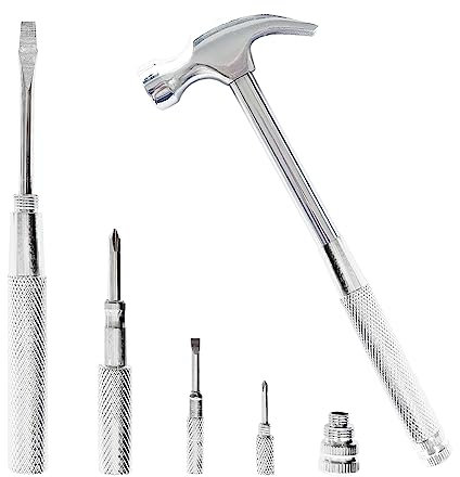 LASUND Multi-tool Hammer & Screwdriver Set, 6 in 1 Silver, 7.29 inches, 0.55LB, German, Carbon Steel, Knurled Handle