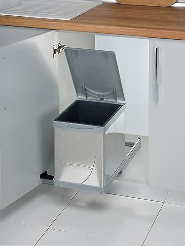 Ausziehbarer SMART Einbaumülleimer Edelstahl & Kunststoff, Abfalleimer, Mülleimer „Müllomatic PRO 1“ mit automatischem Auszug beim Türöffnen | Volumen: 1x 16L | Mülltrennsystem