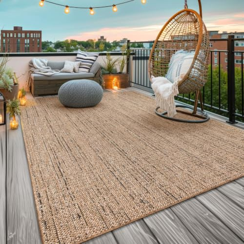 TT Home Waschbarer In-& Outdoorteppich Wetterfest Garten Terrasse Esszimmer Boho Muster Unicolor Meliert Moderner Style, Farbe:Beige, Größe:240x340 cm