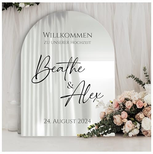 Manschin-Laserdesign Willkommensschild Acrylglas Spiegel personalisiert in veschiedenen Farben - Made in Germany - Welcome Willkommen Schild für Hochzeit (30x45, Silber)