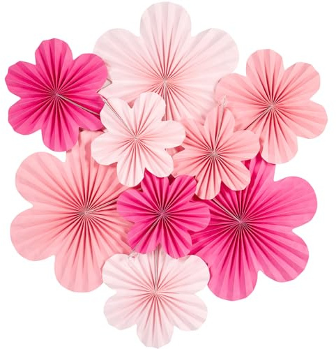 EASY JOY 9PCS Pink Paper Flowers Fans Party Decorations for Girls | Hanging Floral Backdrop for Birthdays, Baby Shower, Spring, Summer, Garden Tea Party & Home Wall Decor