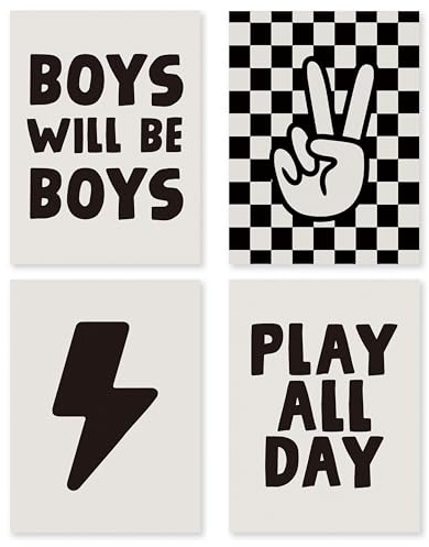 HRQKO Boys Room Wall Art Poster Prints Set of 4, Kids Positive Boys Play All Day Posters Printing Wall Decor, Black Checkered Hand Prints for Nursery Playroom, 12'x16' Unframed