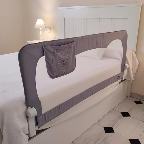 Mundibebé Barrera Seguridad Niños Cama 150 x 66 cm con Bolsillo - Seguridad y Comodidad, Alta y Robusta - Barrera Cama Niños Abatible - Barandilla Cama Niño Modelo Osito y Luna Gris