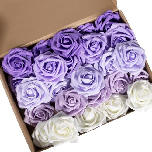 Fyshird Künstliche Rosen 25 Stück Kunstblumen Wie Echt Deko Blumen Künstliche Fake Flowers Deko für Hochzeit Geburtstag Party Valentinstag (Lila Serie)