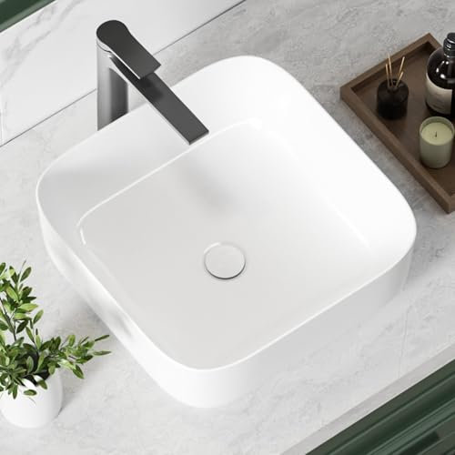 15x15 White Square Vessel Sink - Porcelain Bathroom Sink for Countertop, Above Mount Ceramic Basin, 15 Inch Round/Rectangular Corner Sink without Overflow (385x385mm)- lavamanos de porcelana KINGWONG