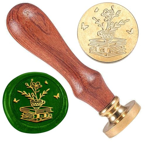 DELORIGIN Wachs Siegelstempel Mit Buch/Teetassen Blumenmotiv 25 mm Messing Wachssiegelstempel Vintage Blumen Wachsstempel Für Einladungskarten Geschenkverpackungen Umschläge Weinpaket Dekoration