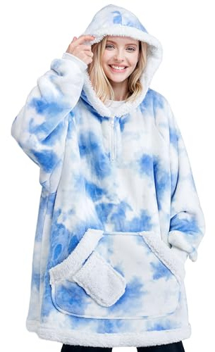 Giggling Getup Tragbare Decken Hoodie für Frauen Männer, Übergrößer Flanell Sherpa Fleece Sweatshirt Decke mit Ärmeln, Warmer komfortabele Decke Geburtstagsgeschenke für Erwachsene Hellblau Tie-Dye