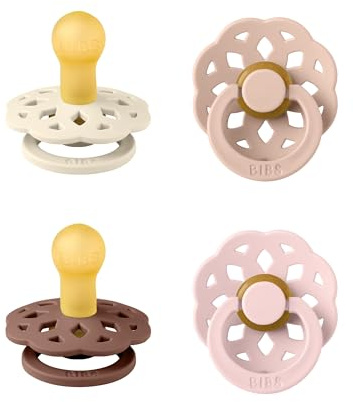 BIBS Boheme Dummy, 0-6 Months, 4-Pack, Round Teat, Blush Mix | Natural Rubber Latex | Size 1 | BPA-Free | Made in Denmark | High Teat Acceptance | Airflow Holes | Comfort Shield
