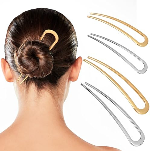 MELLIEX 4 Stück U-förmige Haarnadeln Französische Stil Haarspange Haarnadel Metall Haargabel French Twist Hair Pin für Damen Frauen(Gold und Silber)