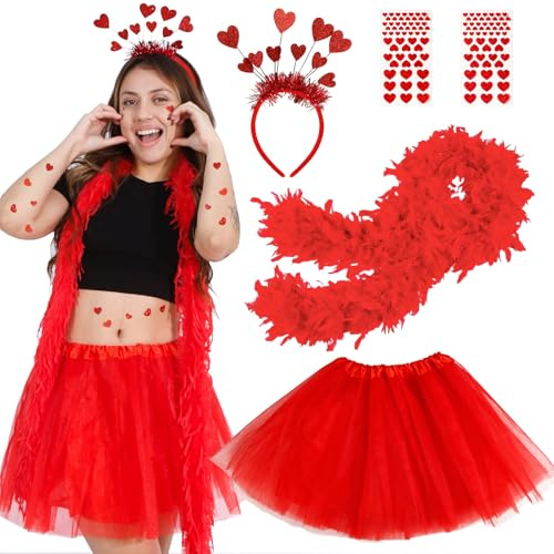 Amor Kostüm Damen Tüllrock Rot, 5Pcs Tüll Karneval Tütü Kostüme mit Tutu Rock Klassisch Herzchen Haarreif Federboa Rote Herz Aufkleber für Dress Up Mottoparty Valentinstag Fasching Party Accessoires