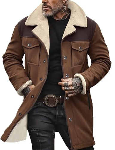 Herren Wildlederjacke Lang Gefütterte Lederjacke Vintage Kunstwildleder Mantel Winter Trucker Jacke Trenchcoat Wolle Fleece Wintermantel Arbeitsjacke Angebote Des Tages Heute Khaki L
