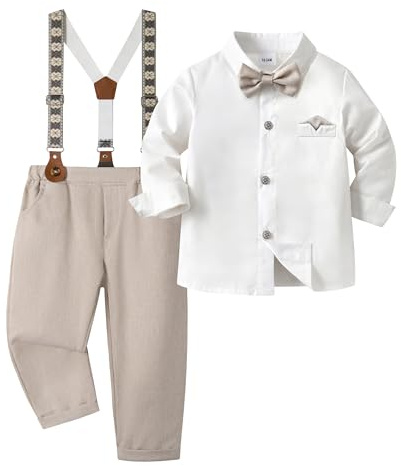 Volunboy Elegant barnset, pojkskjorta rosett och hängslen byxor 4 delar bröllopsceremoni kläder, Ljus kaki, 18-24 M�nader