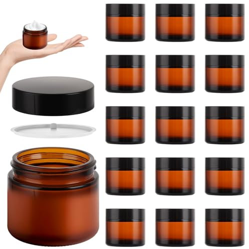 GBACHOOSE 18 Pack Amber Glass Jars, 60ml/2oz Empty Cosmetic Container with Lids and Inner Liner, Brown Amber Jars Containers with Spatula for Face Cream Lotion Candle