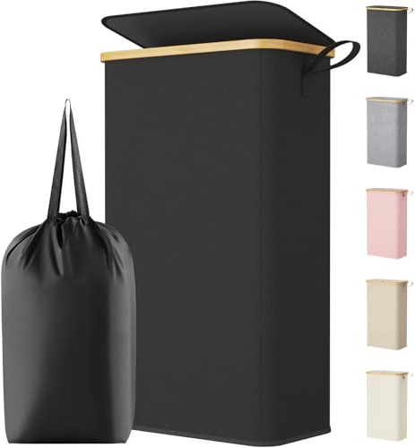 Lifewit Cesto Ropa Sucia Estrecho con Tapa, Cesto de Ropa Plegable con Bolsa Extraíble y Asa, Cesta Ropa Sucia de Bambú, Cubo de Ropa para Dormitorio, Baño, Lavandería, Dormitorio, 80 L, Negro