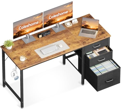 Coleshome Computer Desk with Drawers, 120cm Office Desk with Storage, Brown