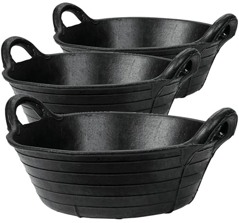 3x Flexible Rubber Skip Feed Bucket Feeder Trough with Integrated Handles - 11L - Black